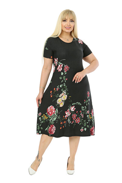 MELSAY Women's Black Short Sleeve Crew Neck Floral Pattern Midi Dress