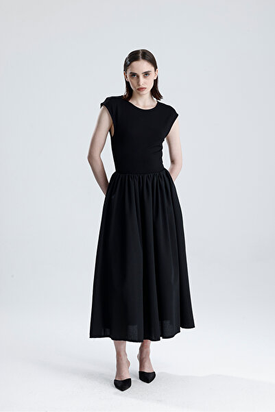 Sense Bottom Tricotton Top Lycra Viscose Elastic Waist Sleeveless Dress |   Elb36283 Black