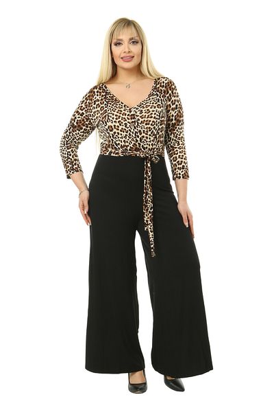 MELSAY Women's Black Leopard Patterned Large Size Double Breasted Collar Jumpsuit