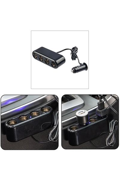 OEM Car cigarette lighter multiplier with 4-port splitter, DC 12-24V input, 100cm cable, 5V 1A, black