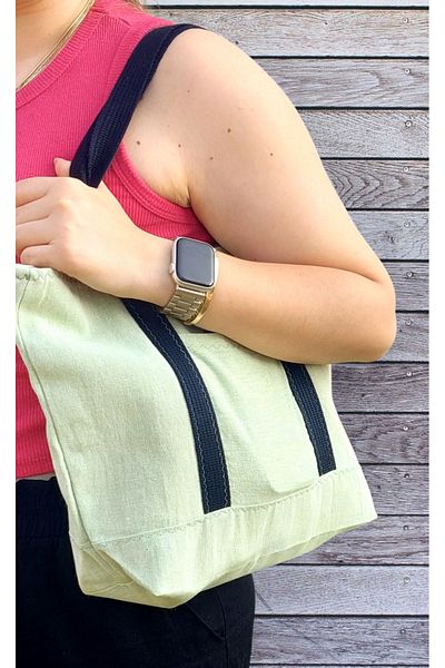 Mio Vero Natural Buldan Linen Water Green Women's Shoulder Bag – Double Pocket, Soft Textured Totebag
