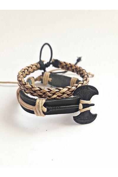 BSN Store Double Sided Ax Black Symbol Beige Thread Black Leather 2-Pack Genuine Leather Bracelet