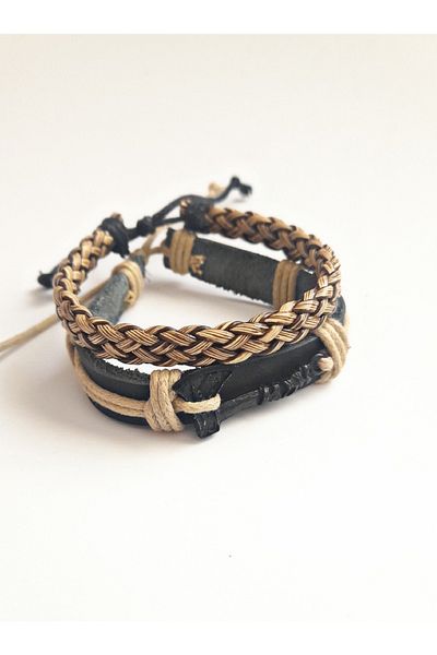 BSN Store BALTA BLACK SYMBOL BEIGE ROPE BLACK LEATHER 2-Piece أساور من الجلد الطبيعي