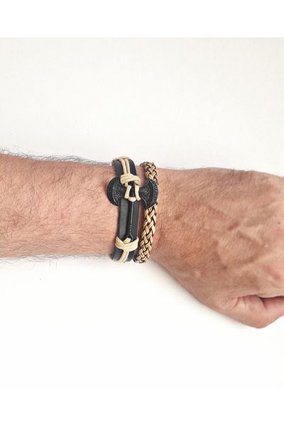 BSN Store Double Sided Ax Black Symbol Beige Thread Black Leather 2-Pack Genuine Leather Bracelet