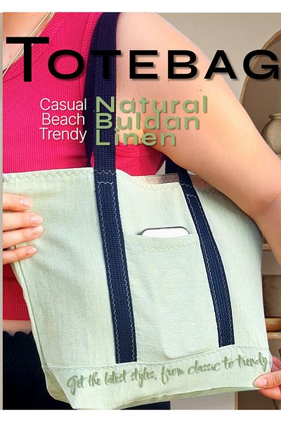 Mio Vero Natural Buldan Linen Water Green Women's Shoulder Bag – Double Pocket, Soft Textured Totebag