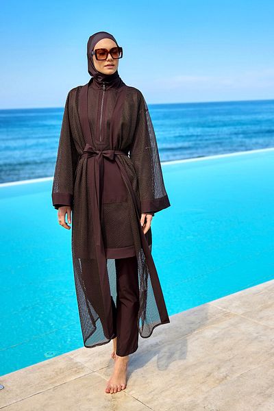 Marina Swimwear Full Length Brown Tulle Kimono – Hijab Beach Pareo P2501-4