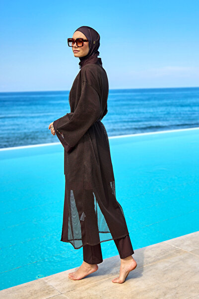 Marina Καφέ τούλι κιμονό – Κομψό παράθυρο παραλίας συμβατό με μαγιό Hijab P2501-4