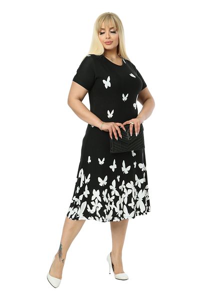 MELSAY Women's Black Short Sleeve Crew Neck Butterfly Pattern Midi Dress
