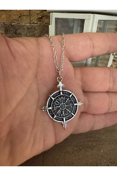 Herşey Nota Viking Compass Antique Look Unisex Necklace – with 60 cm Chain, Protection with Vegvísir Symbol