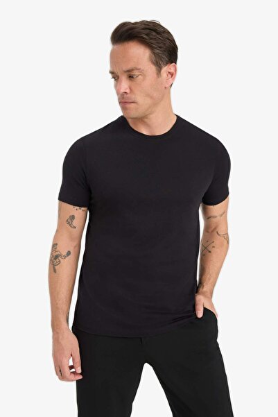 DeFacto Slim Fit, schmal geschnittenes Basic-T-Shirt aus Modal-Baumwoll-Mischung mit Rundhalsausschnitt, einfarbig, schwarz, kurzärmelig, M6606AZ24