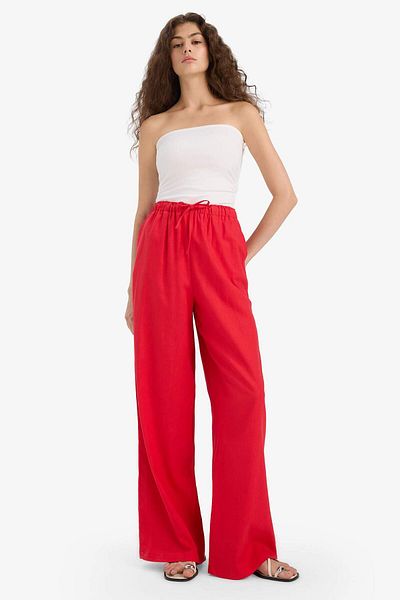 DeFacto Wide Leg Double Pocket Elastic Waist Standard Length Linen Blend Trousers E1981Ax25Sm