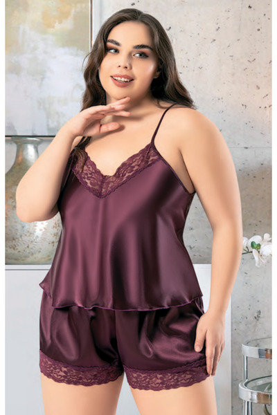 Genel Markalar İç Giyim MİSS LARİS Saten Büyük Beden Şortlu Gecelik Takım