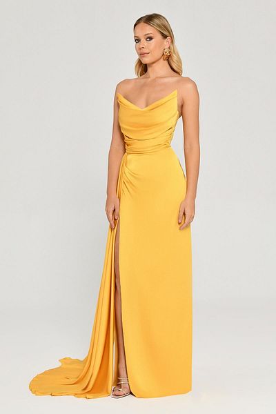 ALFABETA Women's Boat Neck Satin Yellow Evening Dress & Homecoming Dress Ab5617-Yellow
