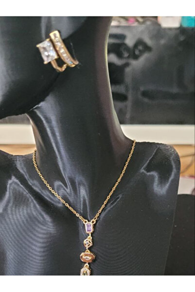 Çelik Gold Renkli Sıra Taşlı Kolye ve Küpe Takımı