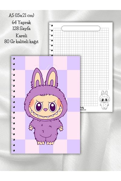daily notebook Labubu Checkered School Notebook, 64 Sheets Spiral A5 Medium Size (15X21 cm) Size