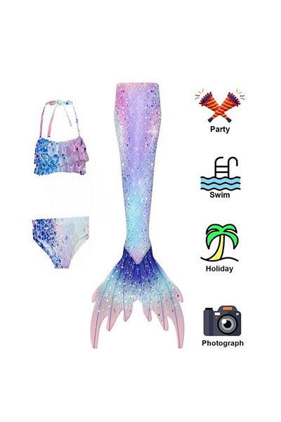 EarthKeepers Set de costum de baie sirenă Ariel, format din 3 piese, albastru pastel, include top, slip și coadă - THK® - 11-12 ani