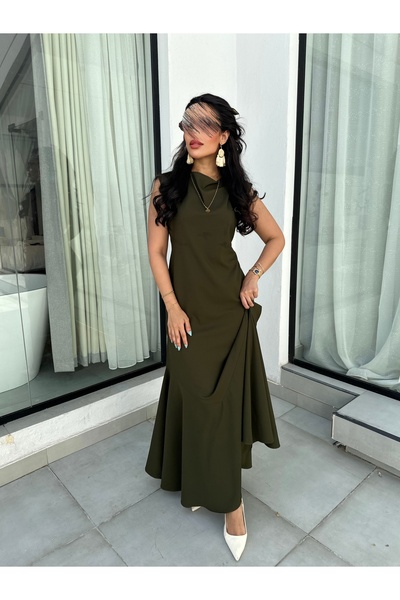 outline Olive green pleated dress