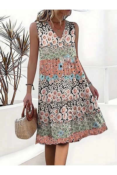 nedo7 Women's Sleeveless V-Neck Floral Print Single Jersey Dress