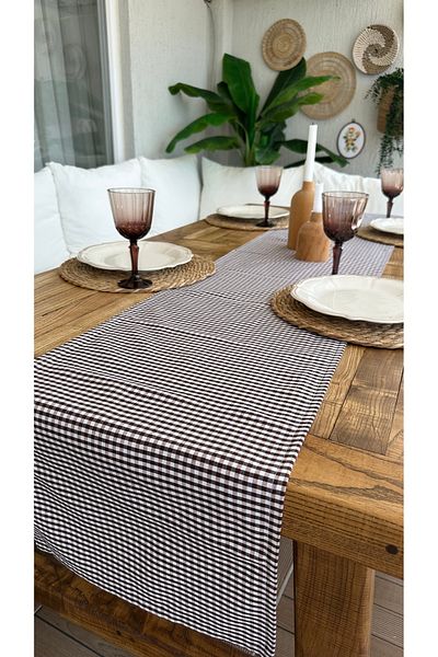 Decamor home Cotton Linen Brown Mini Gingham Runner