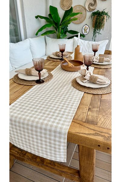 Decamor home Stain-Proof Liquid-Proof Gingham Beige Runner