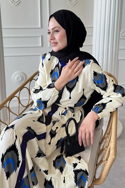 InStyle Ikat Pattern Navy Blue Viscose Dress