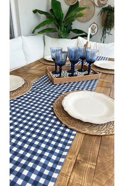 Decamor home Stain-Proof Liquid-Proof Gingham Navy Blue Runner