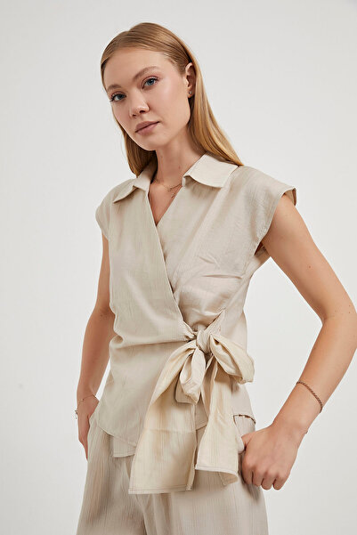 Arma Life Women's Sleeveless Blouse Elastic Pants Cream Double Bottom Top Set