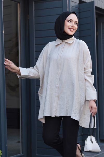 N.S NEVA STYLE Μπεζ Πουκάμισο Hijab με κουμπί 10684BEJ