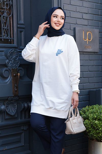 N.S NEVA STYLE Pattern Detailed Ecru Hijab Tunic 10653E