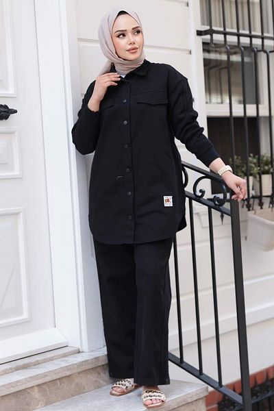 N.S NEVA STYLE Buttoned Black Hijab Double Suit 14272S