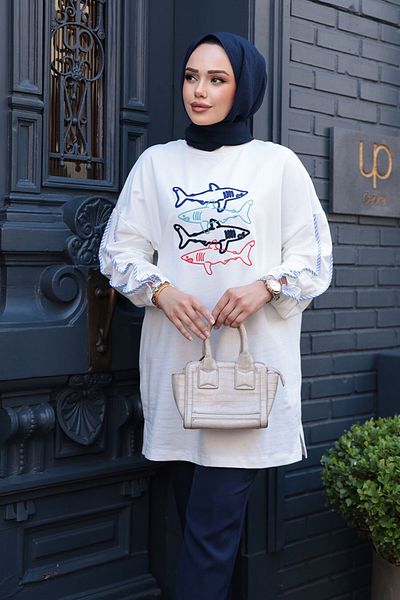 N.S NEVA STYLE Patterned Ecru Hijab Tunic 10640E