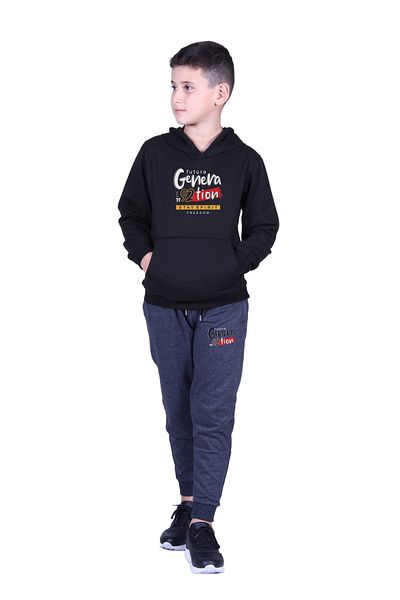 FYK KİDS 2-Piece Boy's Printed Kangaroo Pocket Hooded Track Suit Set
