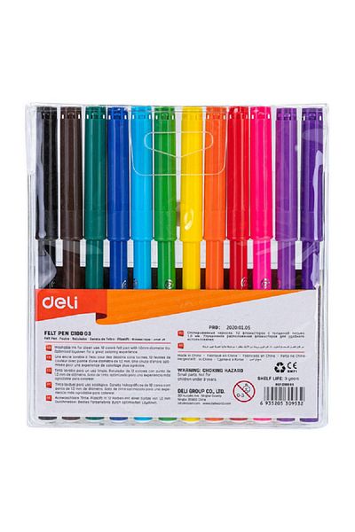 Deli 12-Piece Fiber Bullet Tip Washable Felt Pen Markers Assorted Color 1mm