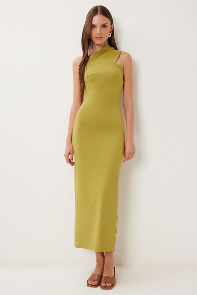Lovelyİstanbul One Shoulder Saran Stretchy Woven Dress Oil Green Lfk0014