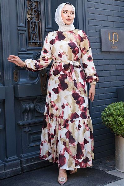 N.S NEVA STYLE Φόρεμα με σχέδιο μπορντό Hijab 12602BR