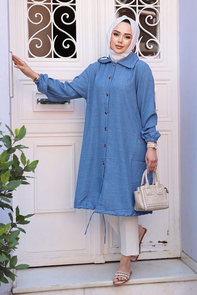 N.S NEVA STYLE Buttoned Indigo Blue Hijab Tunic 70881Im