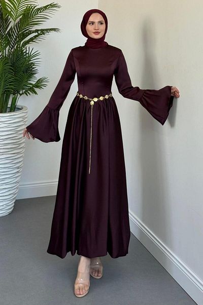 MERVEN AKYÜZ Orville Gold Belted Balloon Skirt Dress Plum