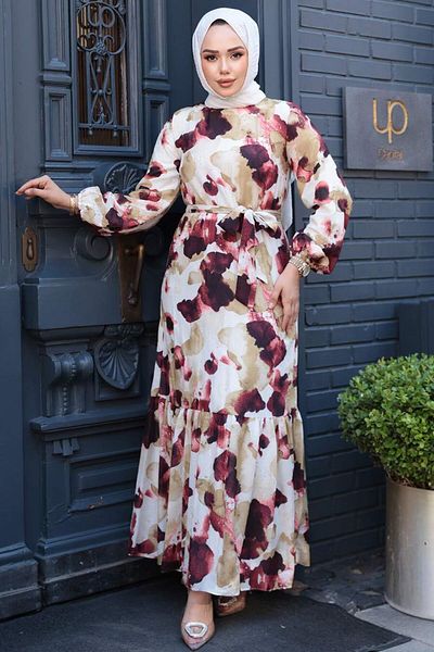 N.S NEVA STYLE Φόρεμα με σχέδιο μπορντό Hijab 12602BR