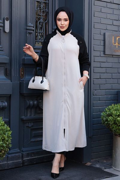 N.S NEVA STYLE Block Colored Beige Hijab Cardigan 15200Bej