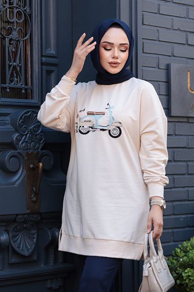 N.S NEVA STYLE Patterned Beige Hijab Tunic 10636Bej
