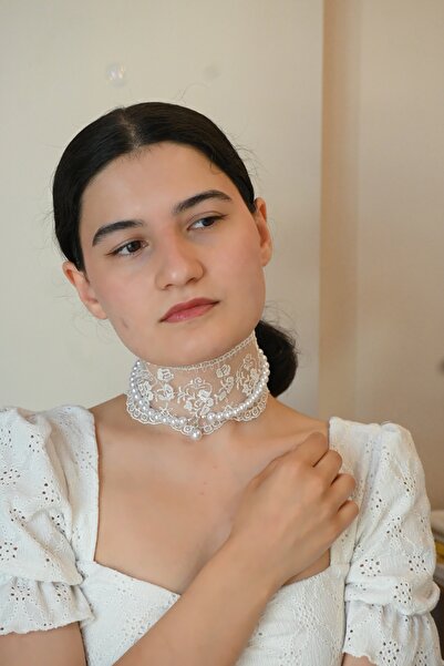 SHİNELİZE İnci Detaylı Dantel Choker Kolye, Gelin Kolyesi