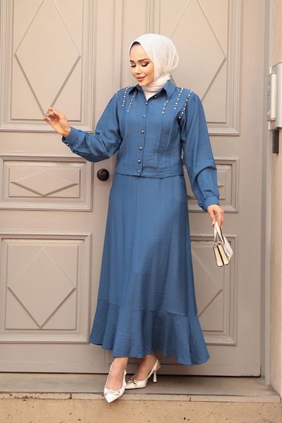 N.S NEVA STYLE Διπλό Σετ με Κουμπιά Indigo Blue Hijab Φούστα 44741IM
