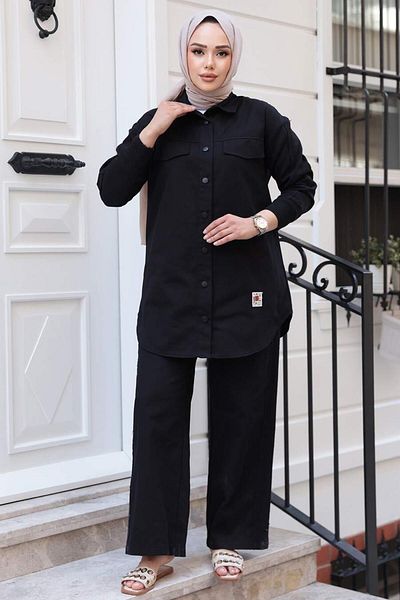 N.S NEVA STYLE Buttoned Black Hijab Double Suit 14272S