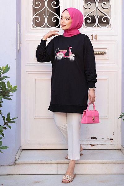 N.S NEVA STYLE Patterned Black Hijab Tunic 10636S