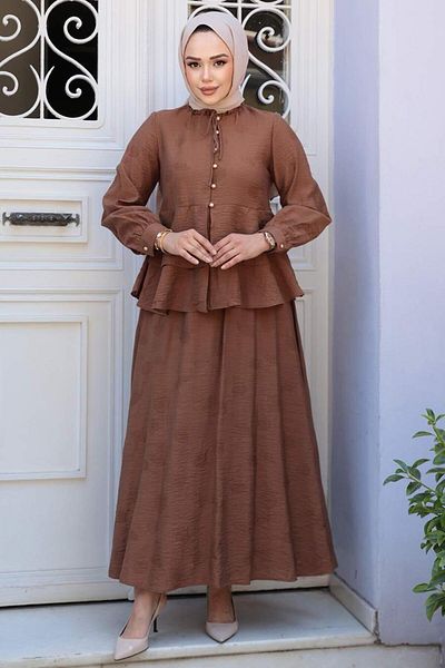 N.S NEVA STYLE Buttoned Brown Hijab Skirt Double Set 14334Kh