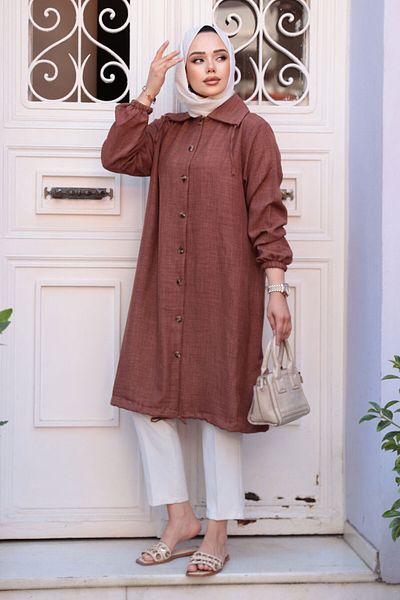 N.S NEVA STYLE Buttoned Brown Hijab Tunic 70881Kh
