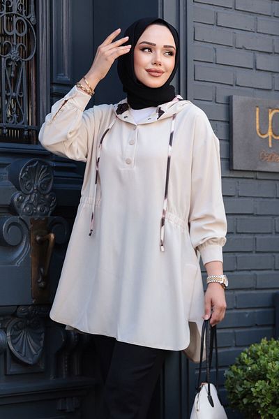 N.S NEVA STYLE Hooded Beige Hijab Tunic 10666Bej