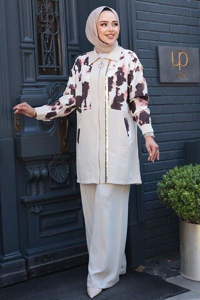 N.S NEVA STYLE Patterned Beige Hijab Double Set 14325Bej