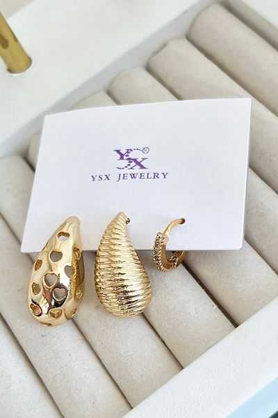 TAKIŞTIR مجموعة أقراط YSX مكونة من 3 قطع مع تفاصيل حجرية ذهبية اللون