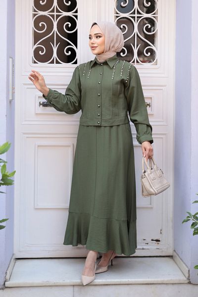 N.S NEVA STYLE Διπλό Σετ με Κουμπιά Χακί Φούστα Hijab 44741HK